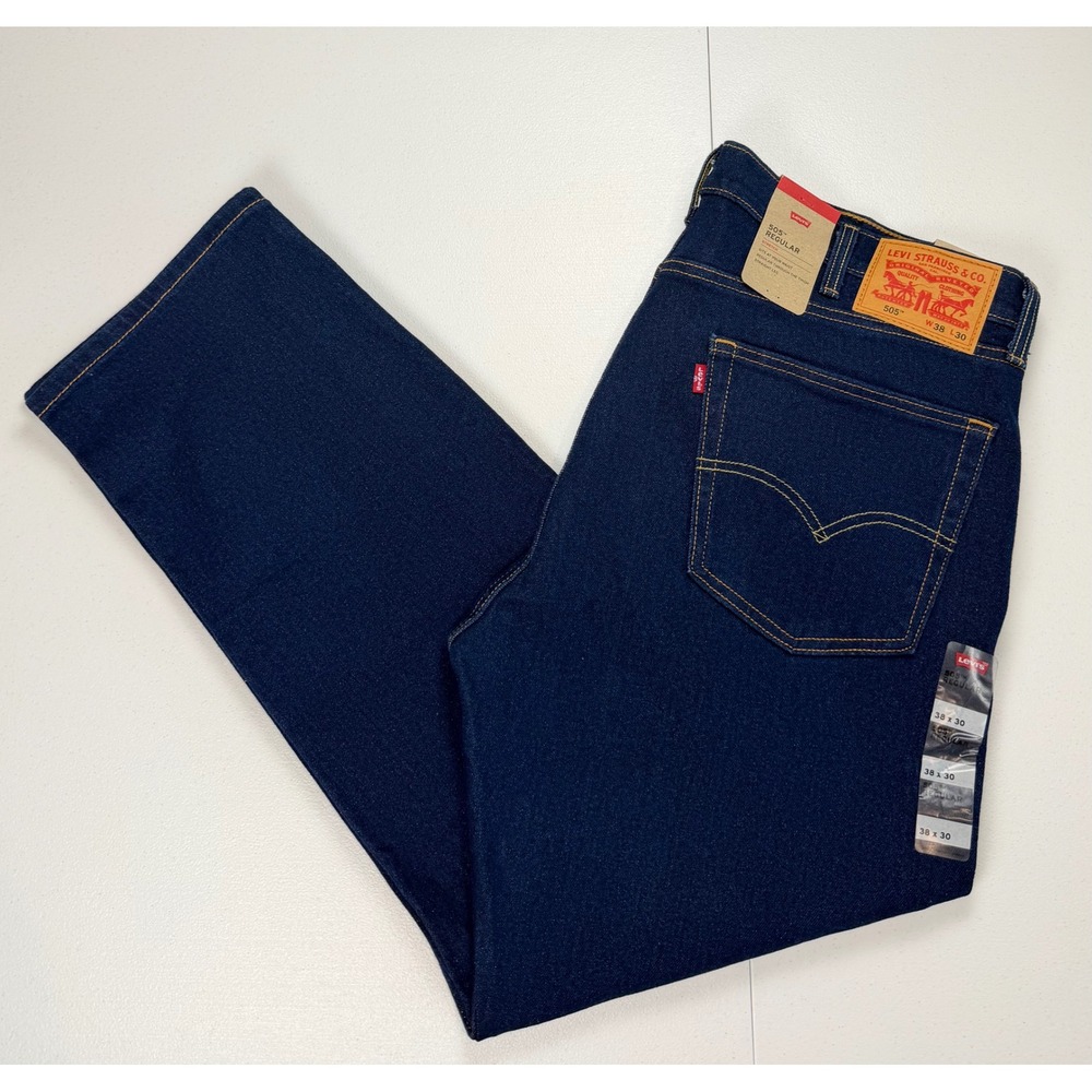 NWT Levis 505 Regular Fit Jeans Mens 38x30 Dark Indigo Blue Stretch Denim New